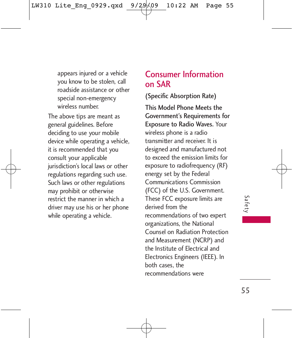 Consumer information on sar | LG LGLW310 User Manual | Page 55 / 68