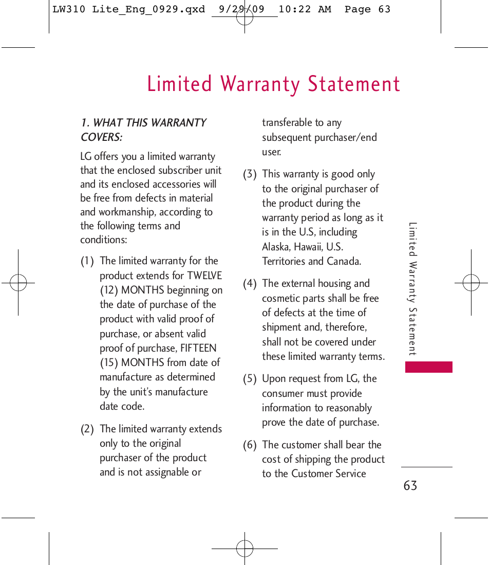 Limited warranty statement | LG LGLW310 User Manual | Page 63 / 68
