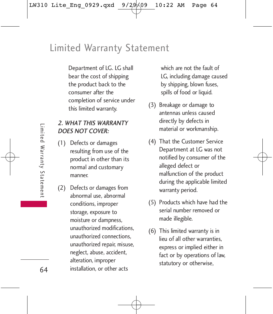 Limited warranty statement | LG LGLW310 User Manual | Page 64 / 68