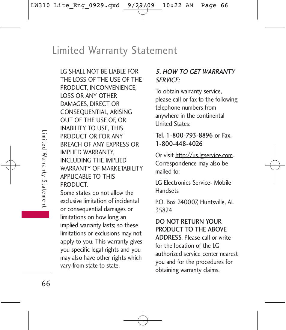 Limited warranty statement | LG LGLW310 User Manual | Page 66 / 68