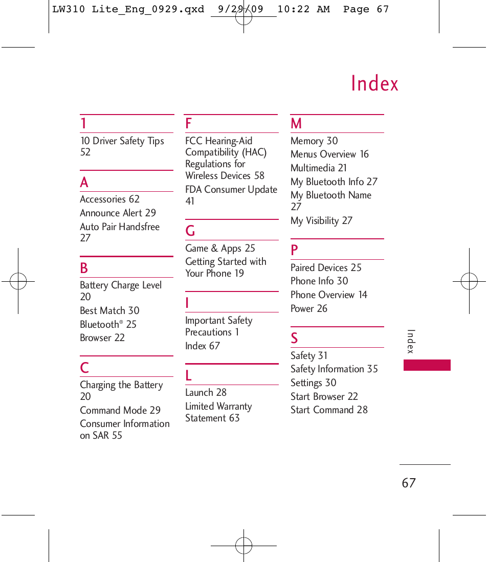 Index | LG LGLW310 User Manual | Page 67 / 68
