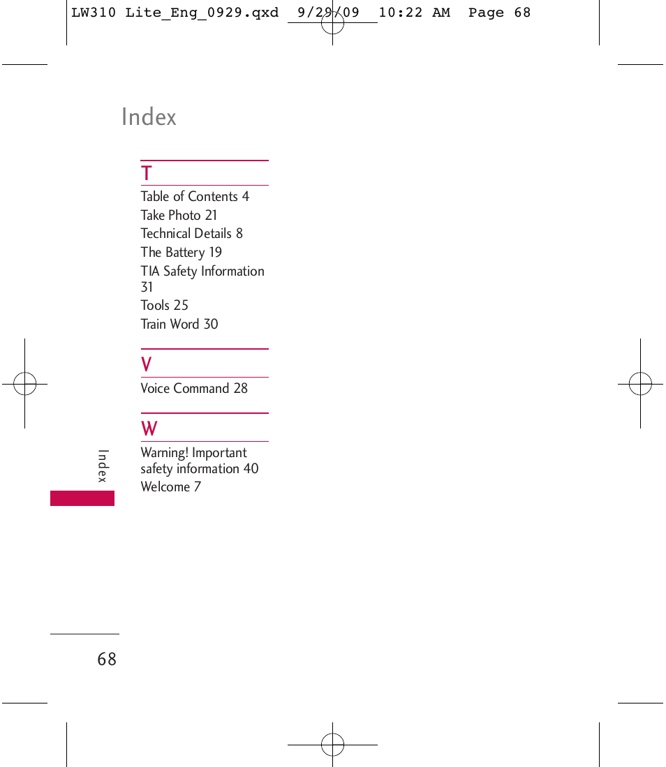 Index | LG LGLW310 User Manual | Page 68 / 68