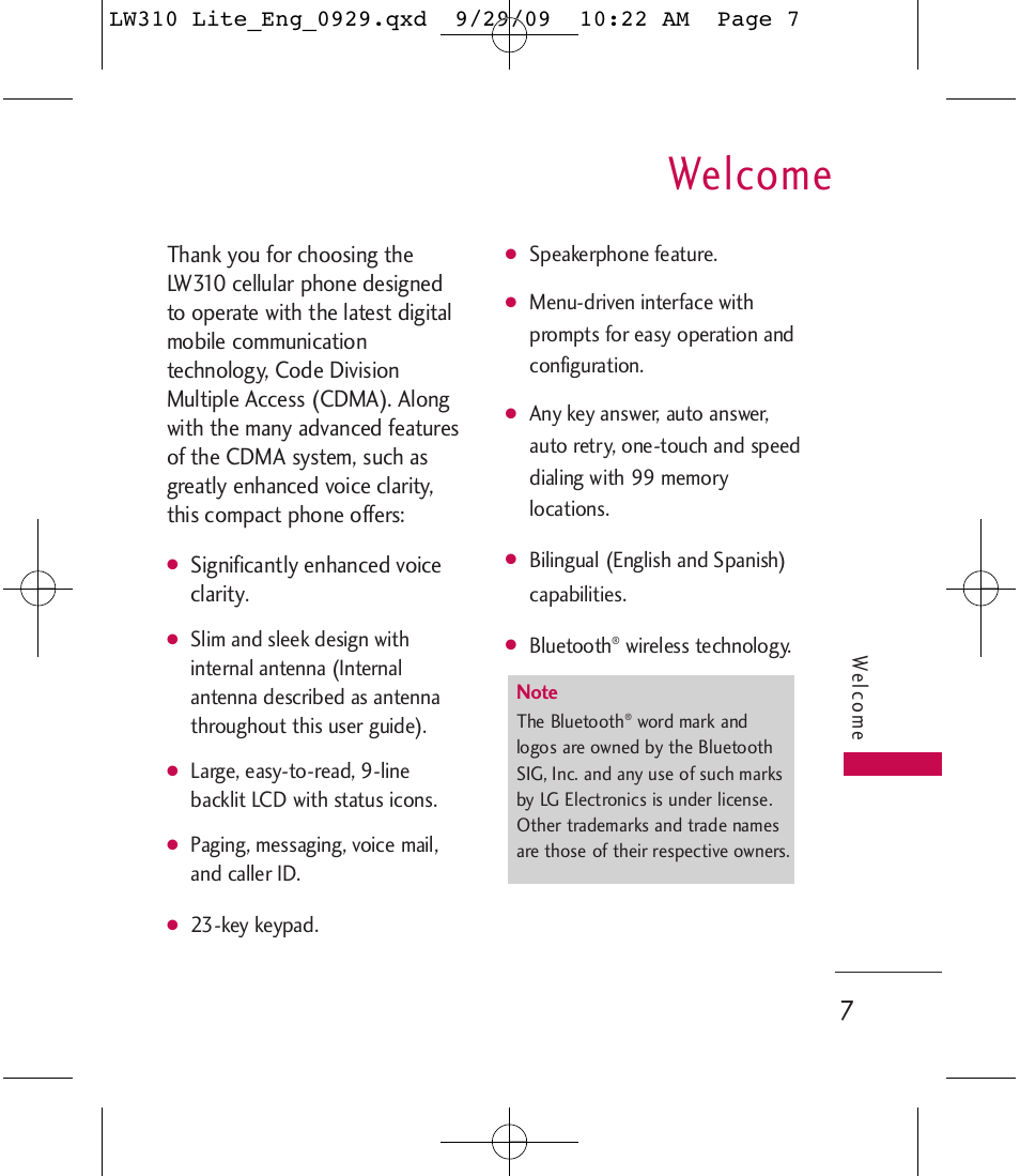 Welcome | LG LGLW310 User Manual | Page 7 / 68