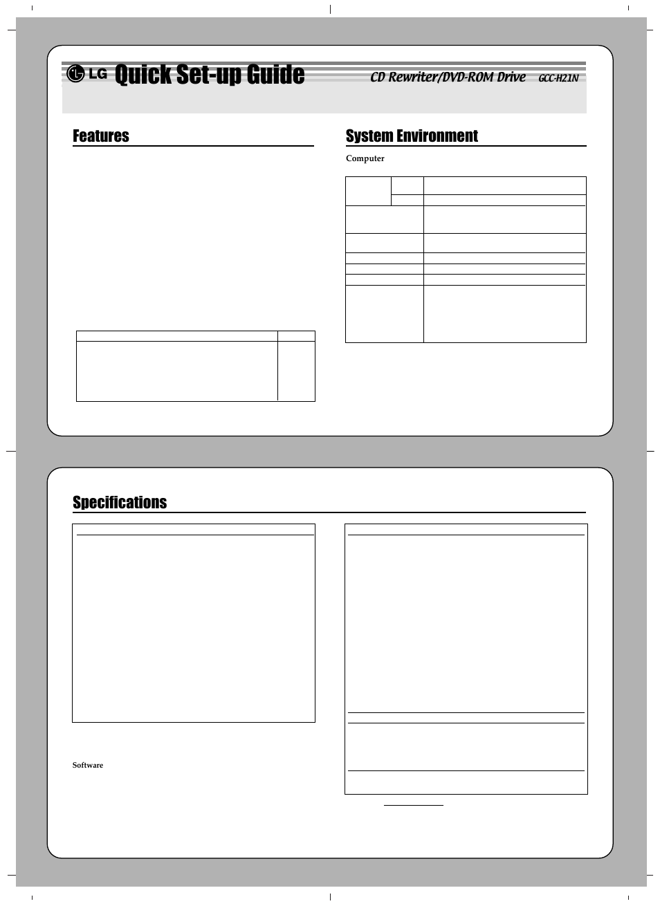 Quick set-up guide, Features, System environment | Specifications, Cd rewriter/dvd-rom drive | LG GCC-H21N User Manual | Page 3 / 4