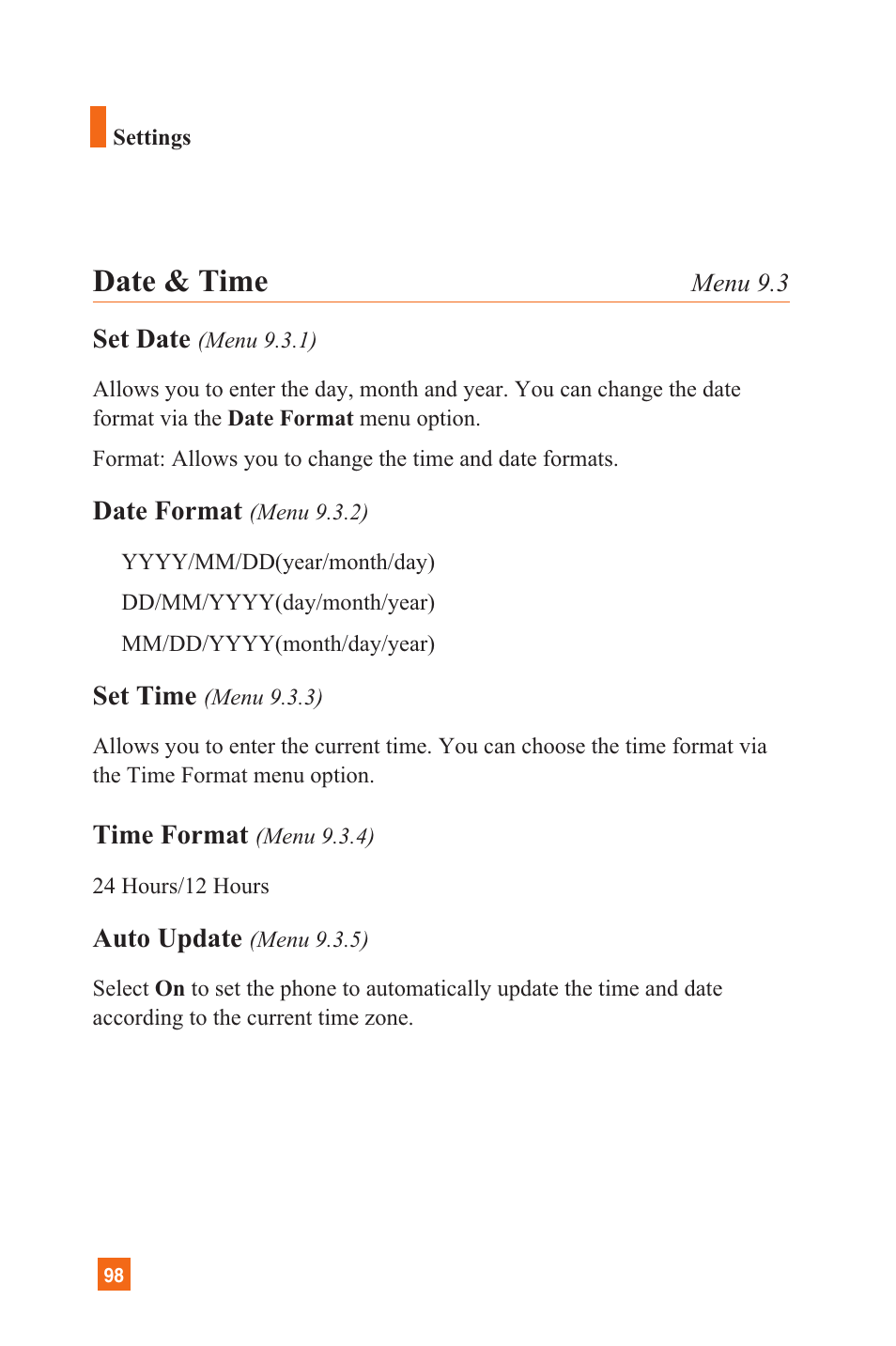 Date & time | LG L1200 User Manual | Page 101 / 141