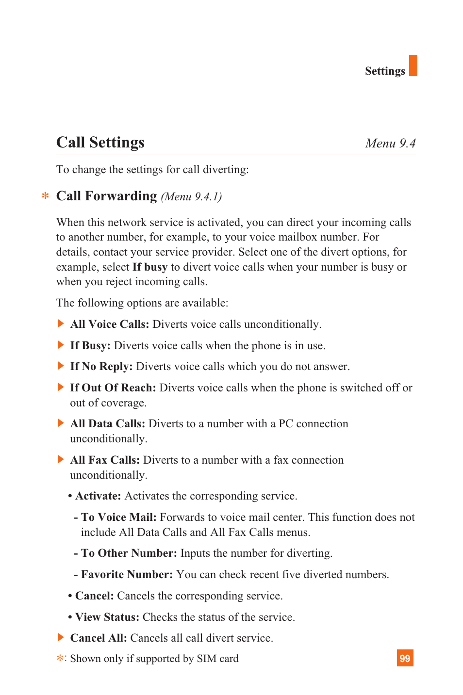 Call settings, Call forwarding | LG L1200 User Manual | Page 102 / 141