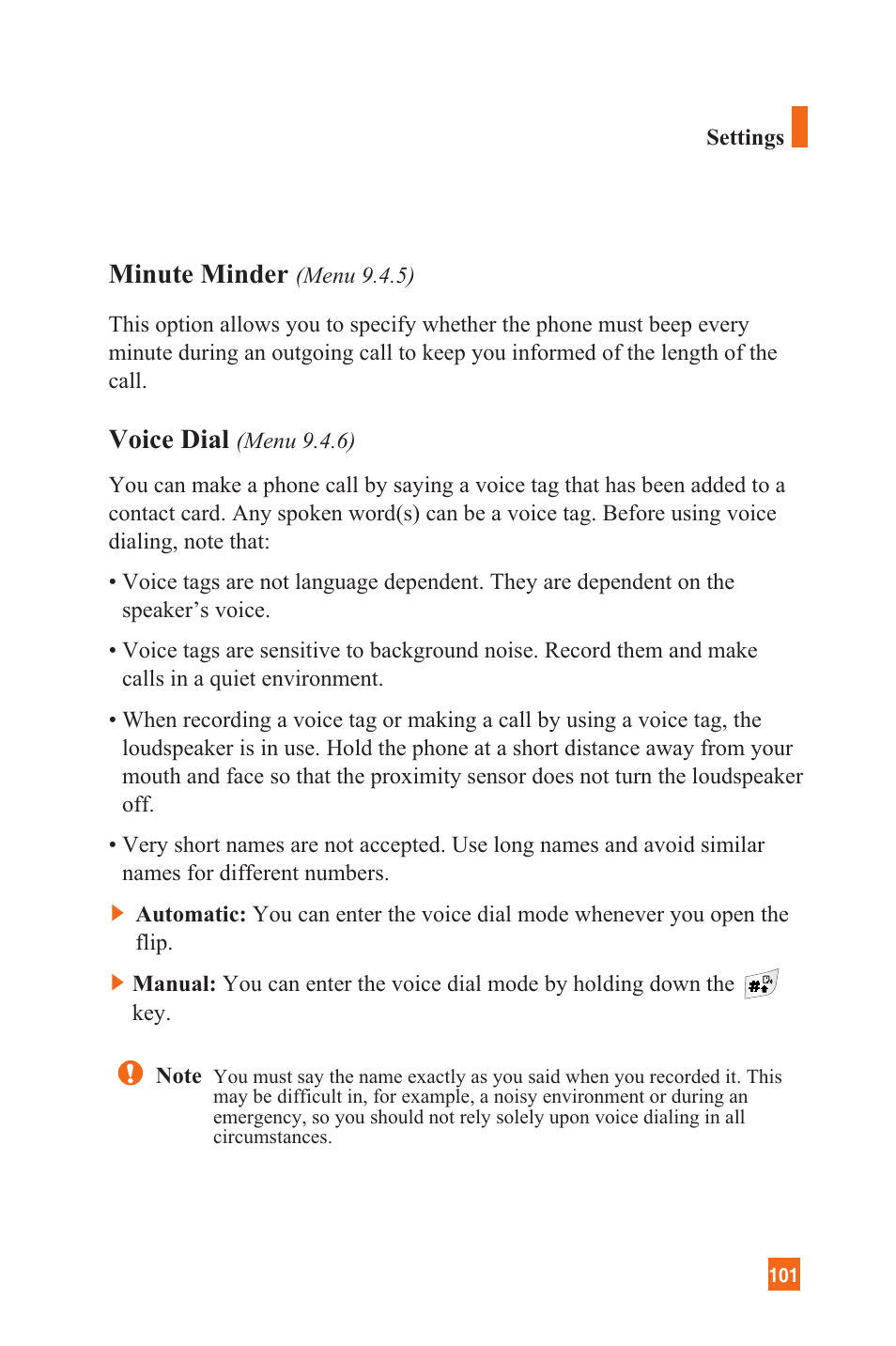 Minute minder, Voice dial | LG L1200 User Manual | Page 104 / 141