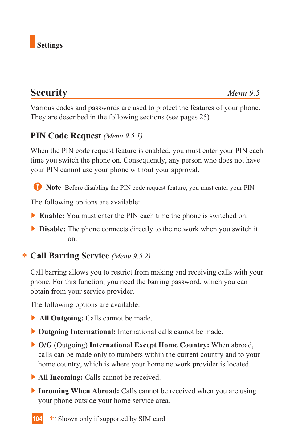 Security, Pin code request, Call barring service | LG L1200 User Manual | Page 107 / 141