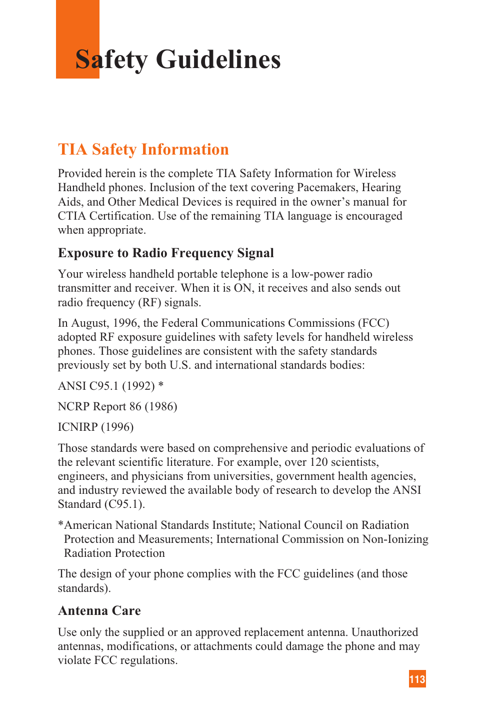 Safety guidelines, Tia safety information | LG L1200 User Manual | Page 116 / 141