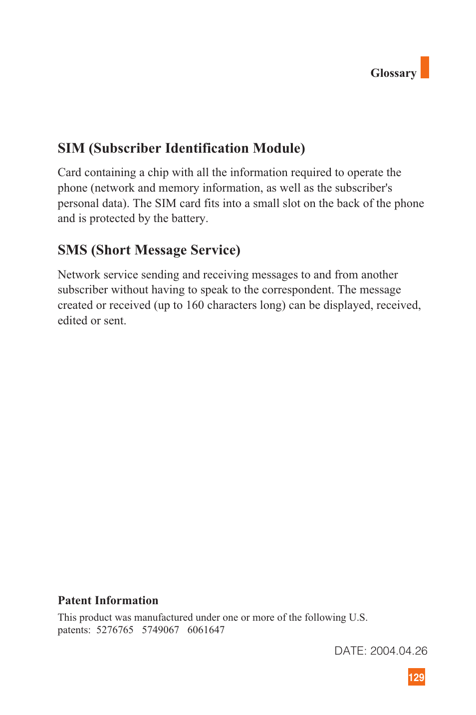 Sim (subscriber identification module), Sms (short message service) | LG L1200 User Manual | Page 132 / 141
