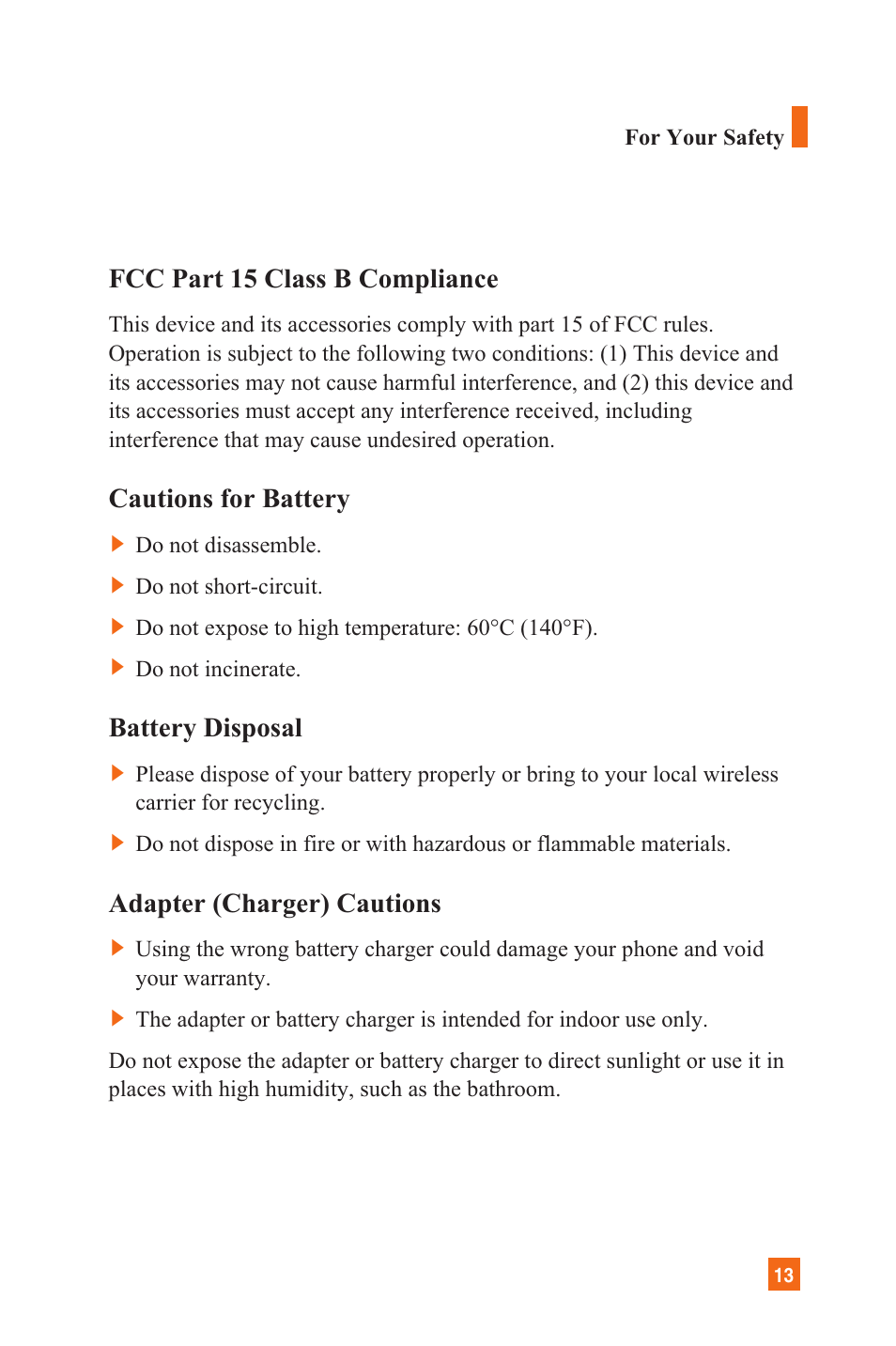 Fcc part 15 class b compliance, Cautions for battery, Battery disposal | Adapter (charger) cautions | LG L1200 User Manual | Page 16 / 141