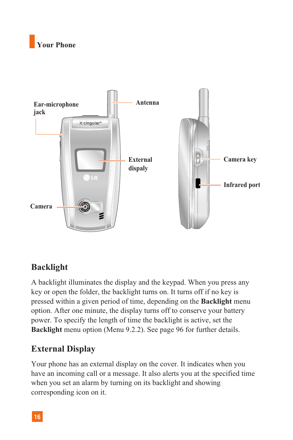 Backlight, External display | LG L1200 User Manual | Page 19 / 141