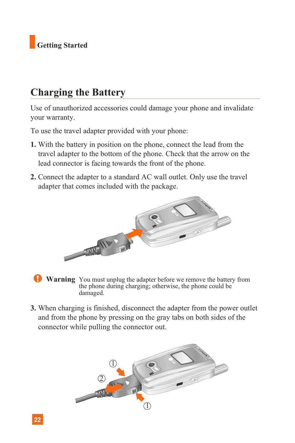 Charging the battery | LG L1200 User Manual | Page 25 / 141