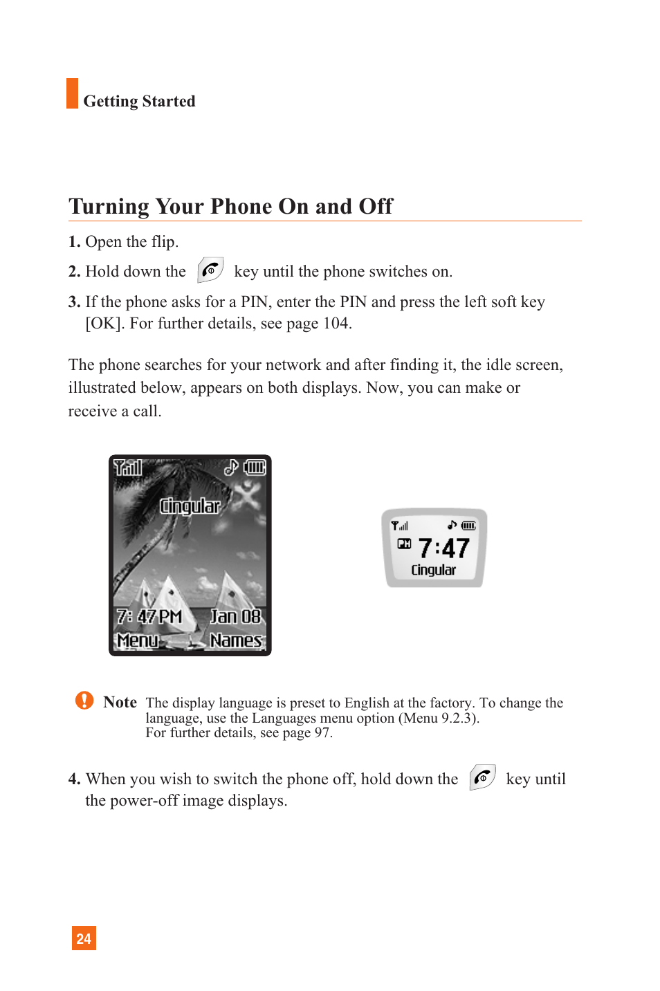 Turning your phone on and off | LG L1200 User Manual | Page 27 / 141