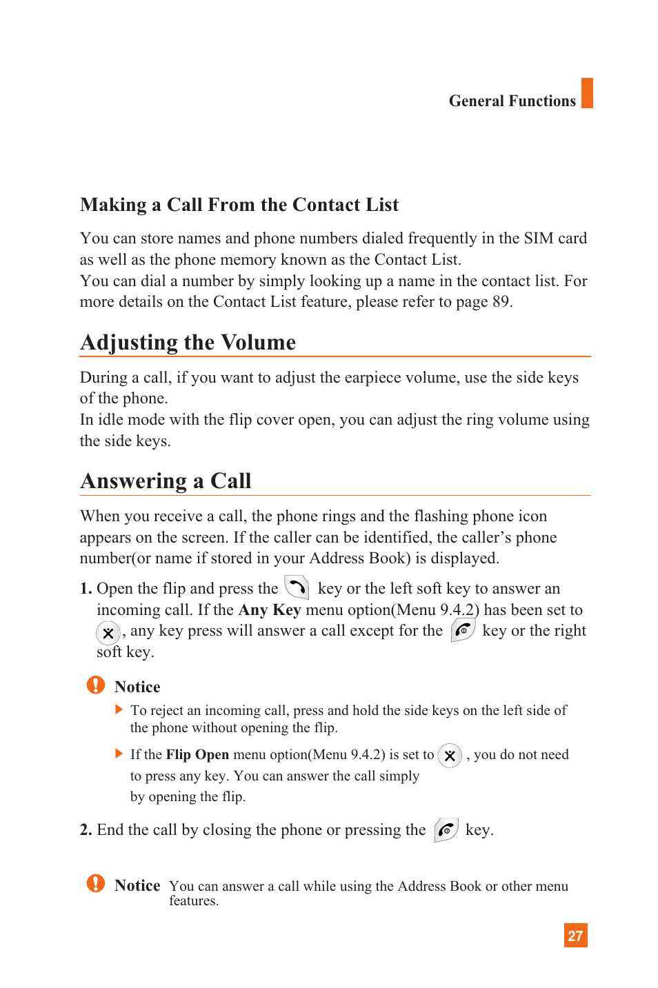 Adjusting the volume, Answering a call, Making a call from the contact list | LG L1200 User Manual | Page 30 / 141