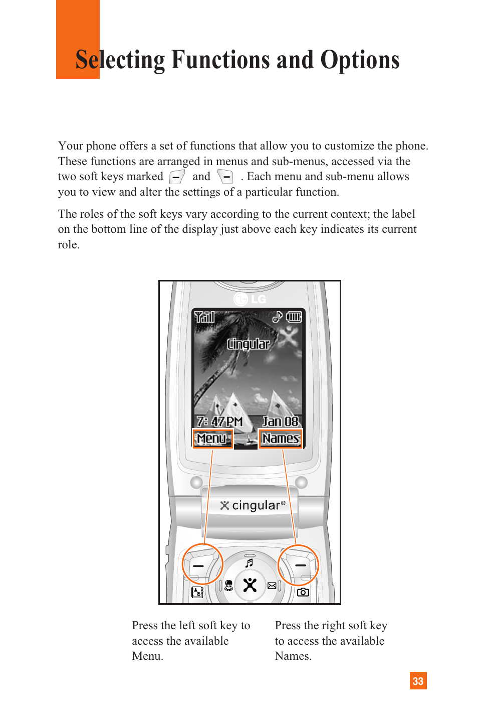 Selecting functions and options | LG L1200 User Manual | Page 36 / 141