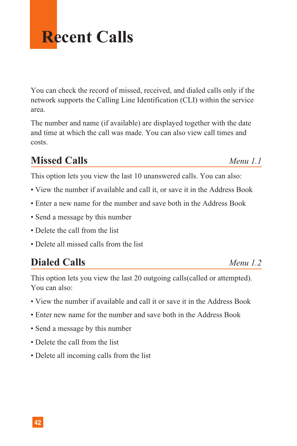Recent calls, Missed calls, Dialed calls | LG L1200 User Manual | Page 45 / 141