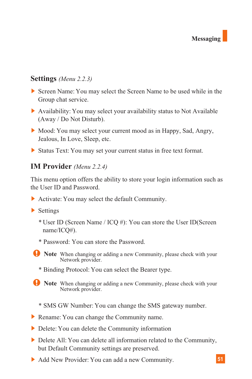 Settings, Im provider | LG L1200 User Manual | Page 54 / 141