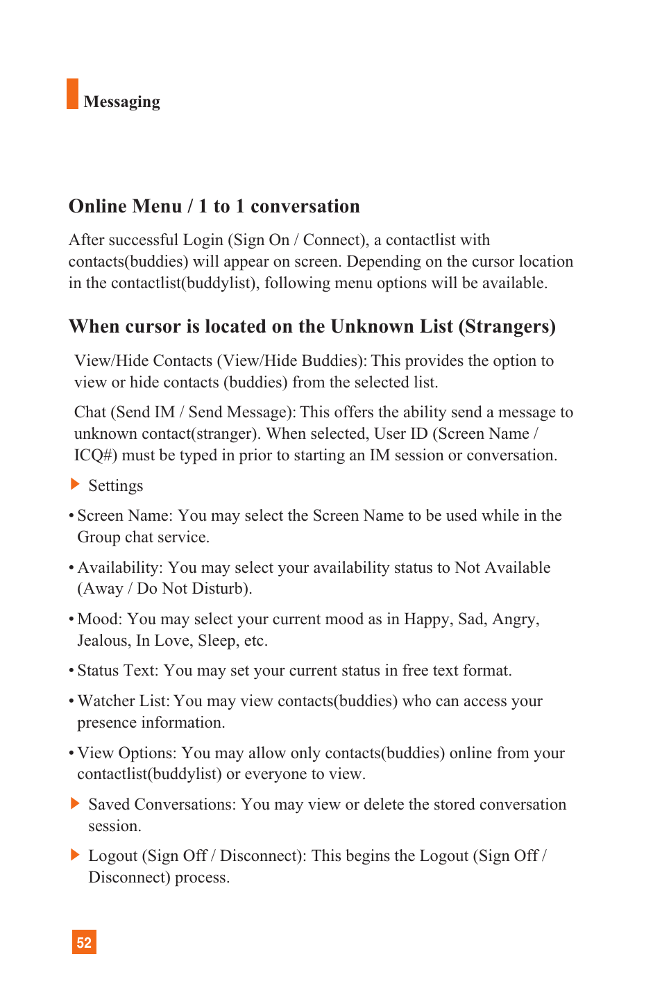 Online menu / 1 to 1 conversation | LG L1200 User Manual | Page 55 / 141