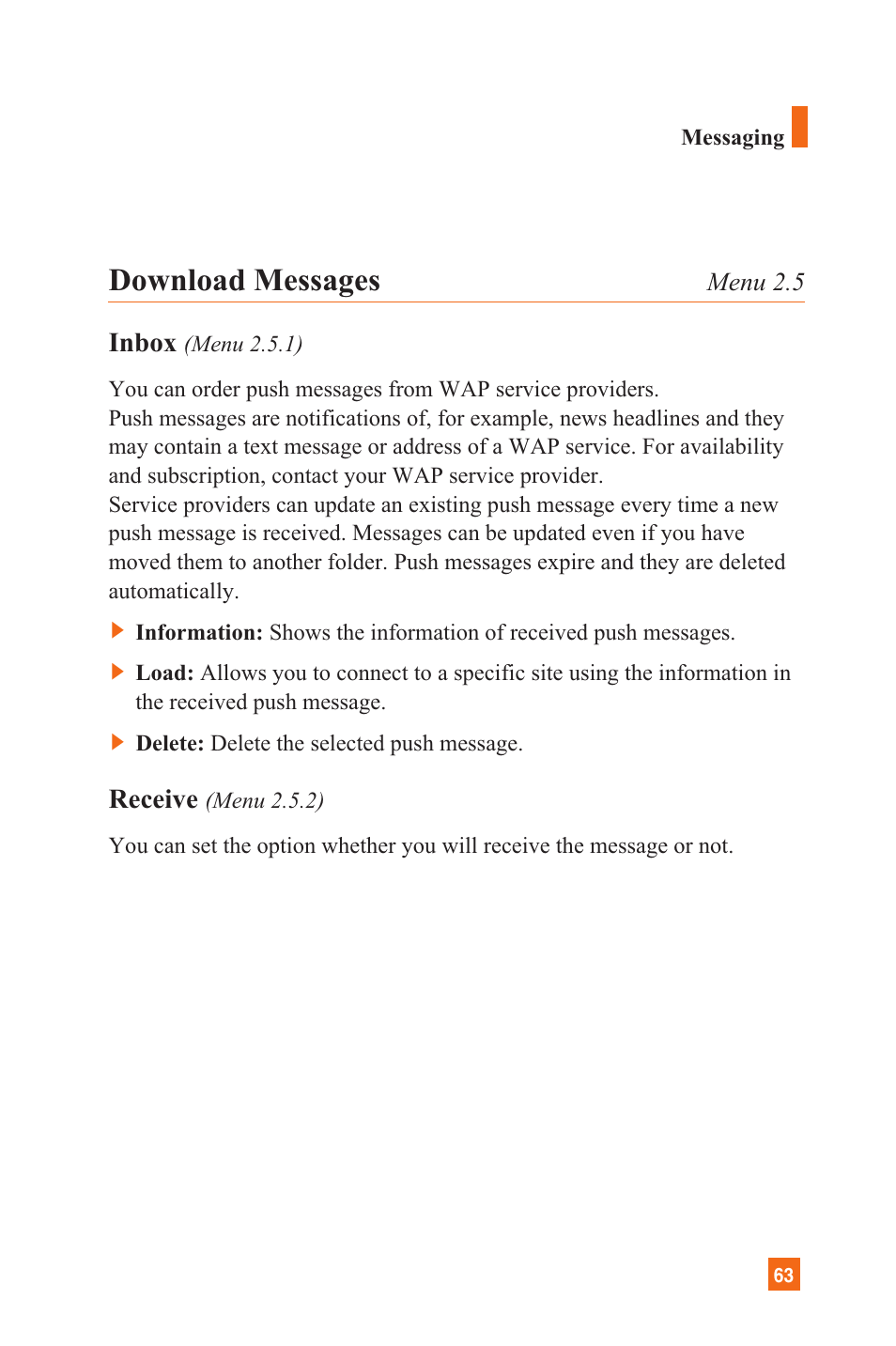 Download messages, Inbox, Receive | LG L1200 User Manual | Page 66 / 141