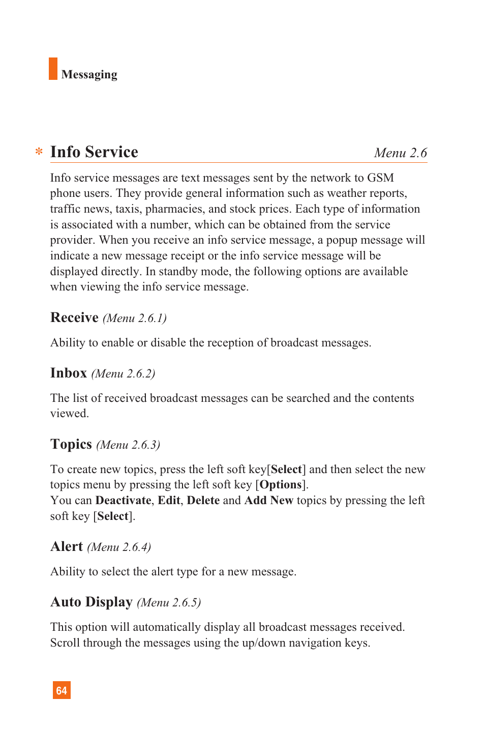 Info service | LG L1200 User Manual | Page 67 / 141