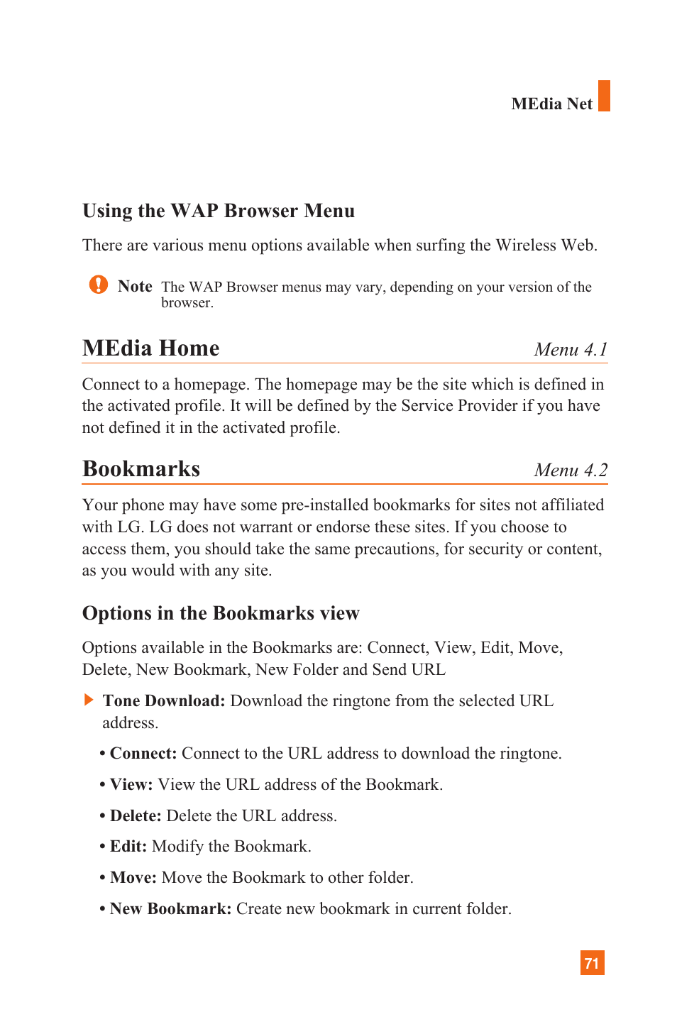 Media home, Bookmarks | LG L1200 User Manual | Page 74 / 141