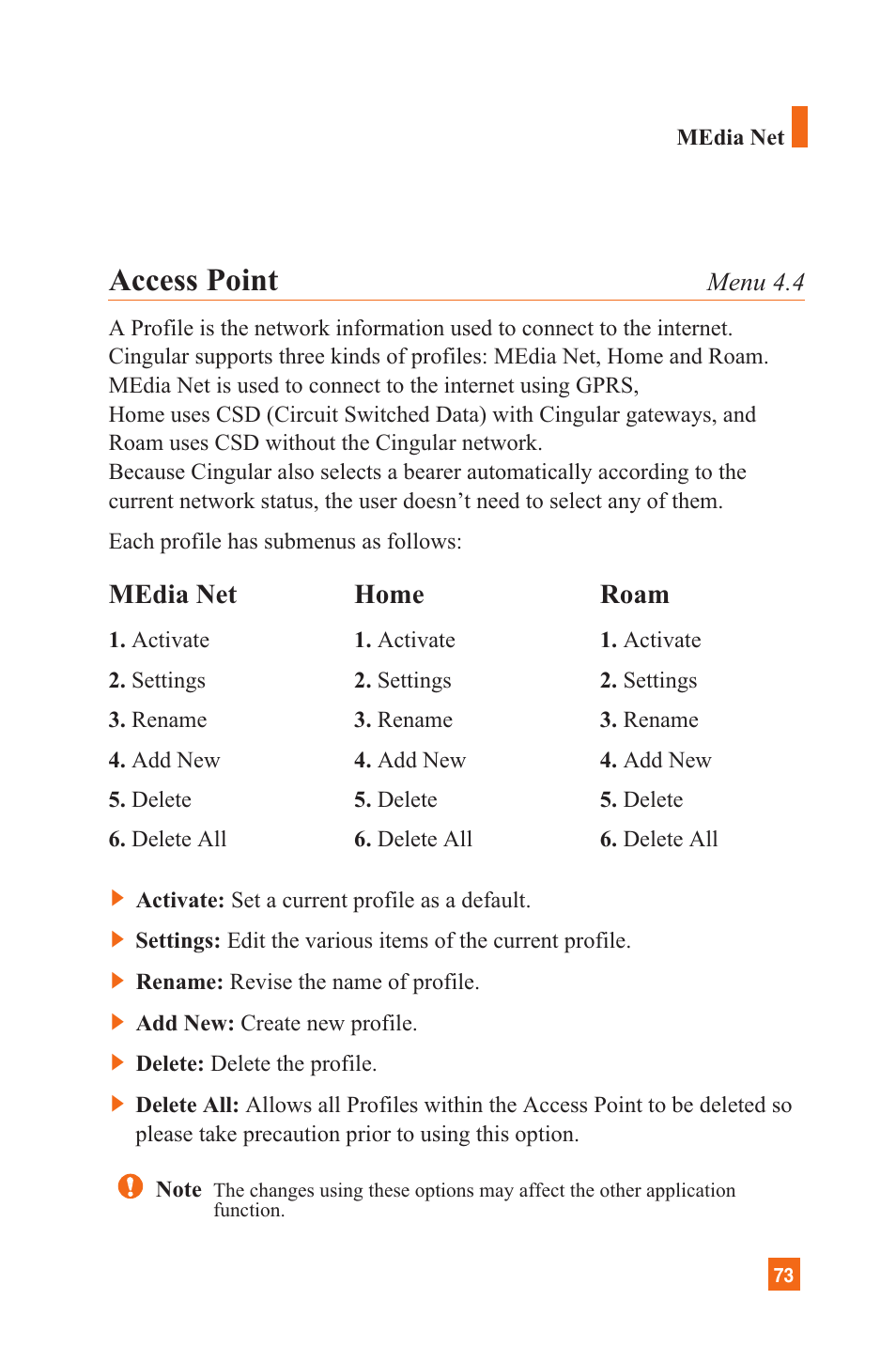 Access point, Media net, Home | Roam | LG L1200 User Manual | Page 76 / 141