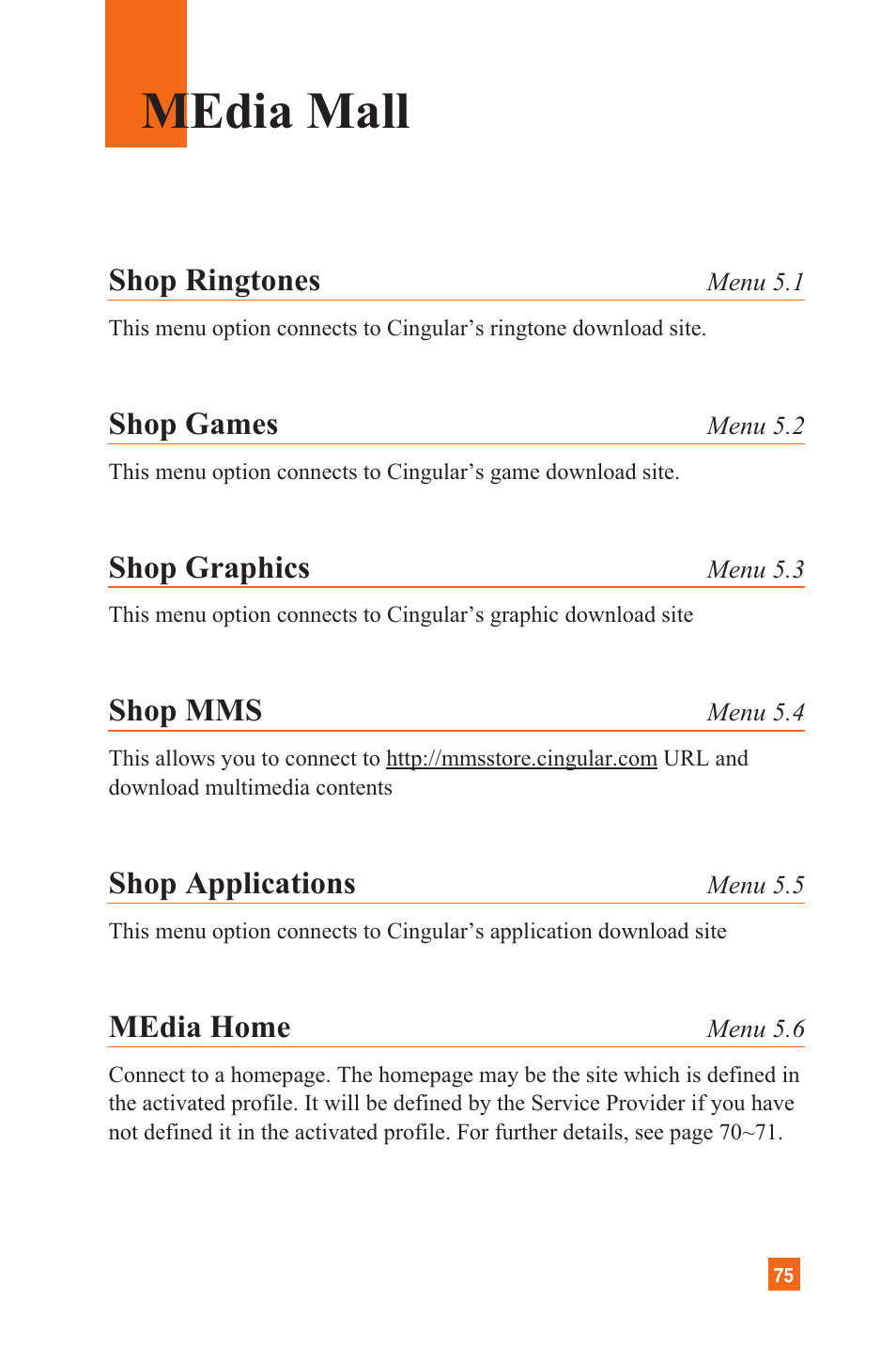 Media mall, Shop ringtones, Shop games | Shop graphics, Shop mms, Shop applications, Media home | LG L1200 User Manual | Page 78 / 141