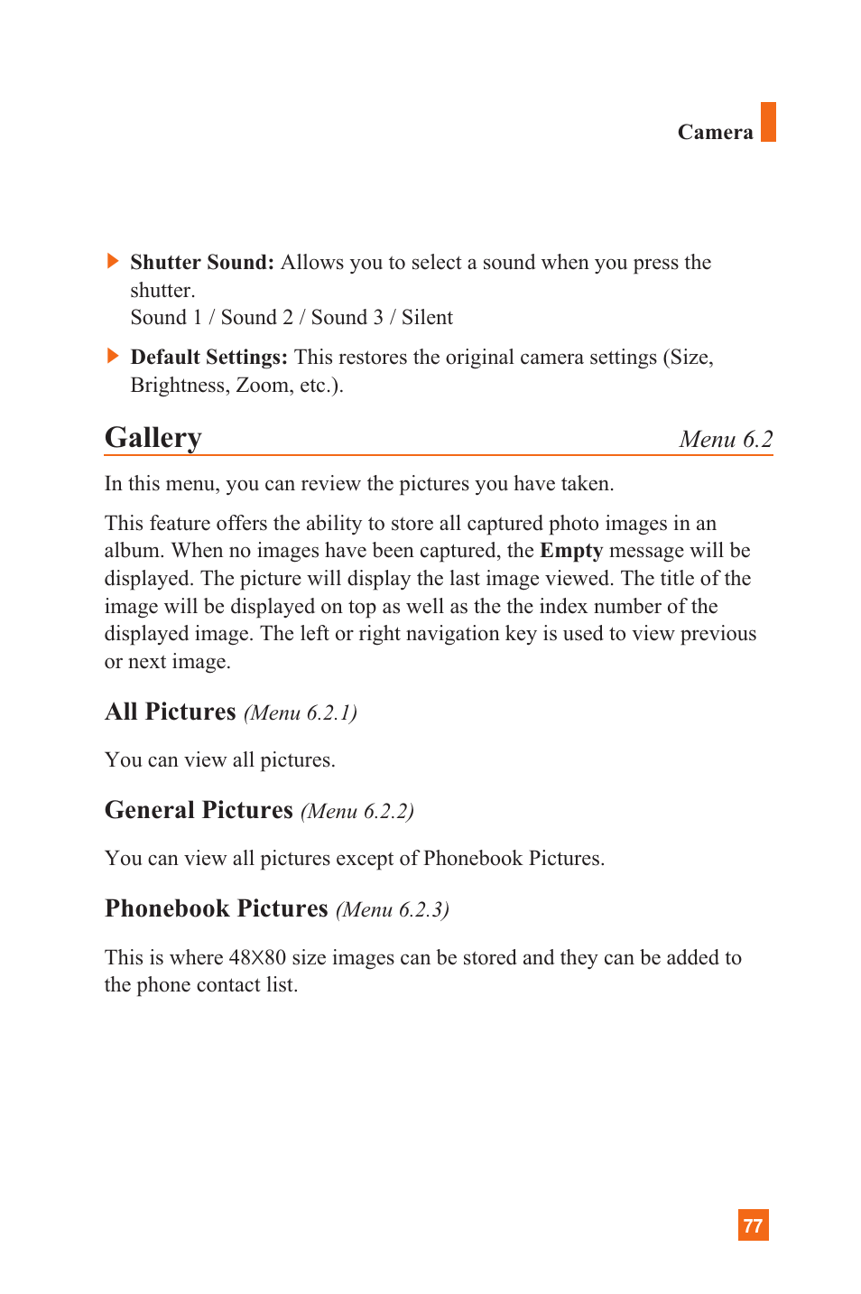 Gallery, All pictures, General pictures | Phonebook pictures | LG L1200 User Manual | Page 80 / 141