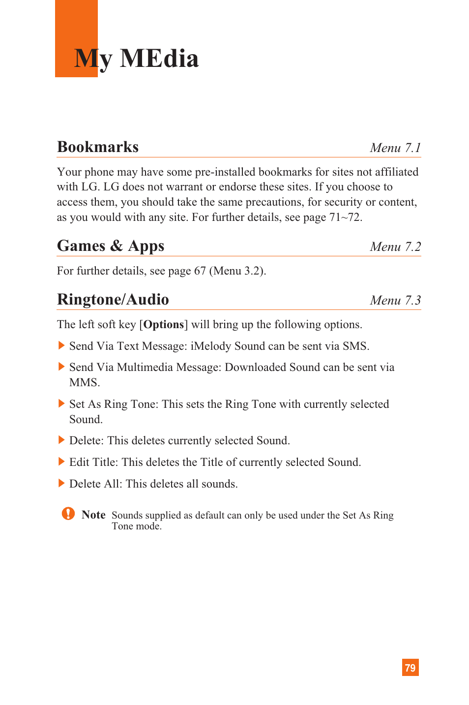 My media, Bookmarks, Games & apps | Ringtone/audio | LG L1200 User Manual | Page 82 / 141