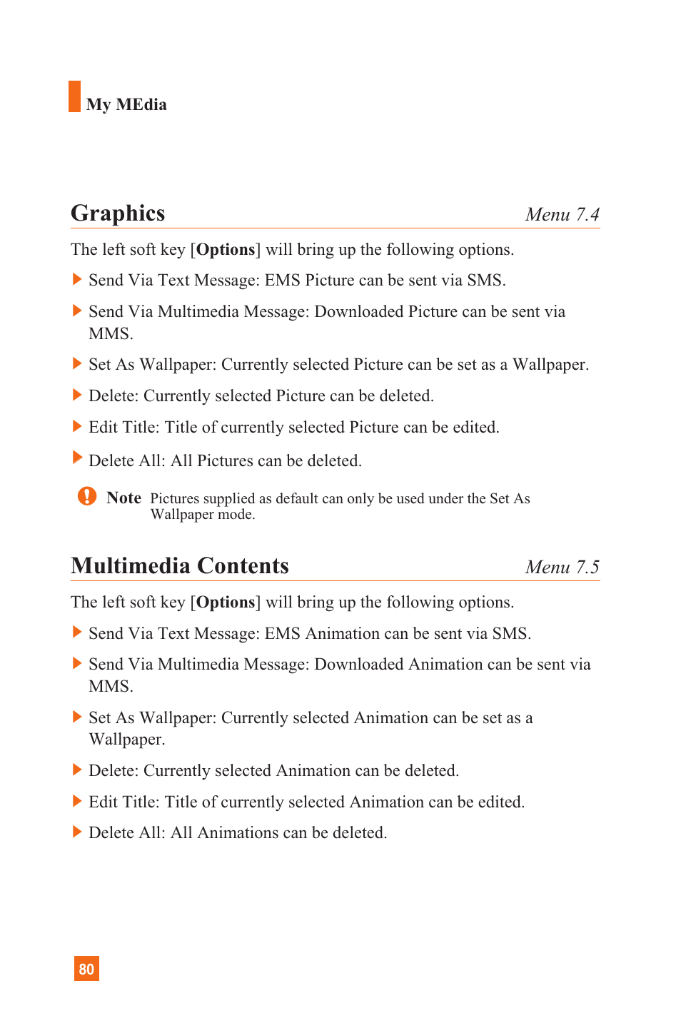 Graphics, Multimedia contents, Menu 7.4 | Menu 7.5 | LG L1200 User Manual | Page 83 / 141