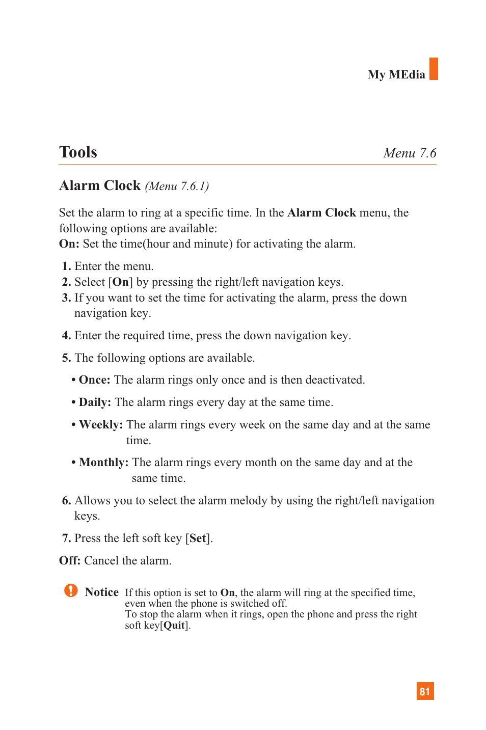 Tools, Alarm clock | LG L1200 User Manual | Page 84 / 141