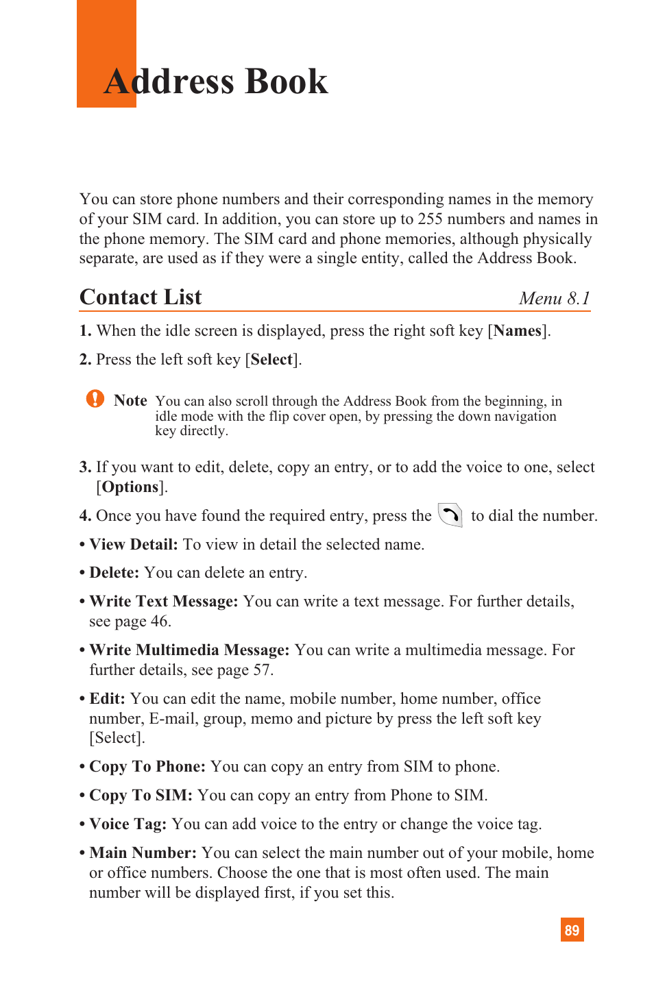 Address book, Contact list | LG L1200 User Manual | Page 92 / 141