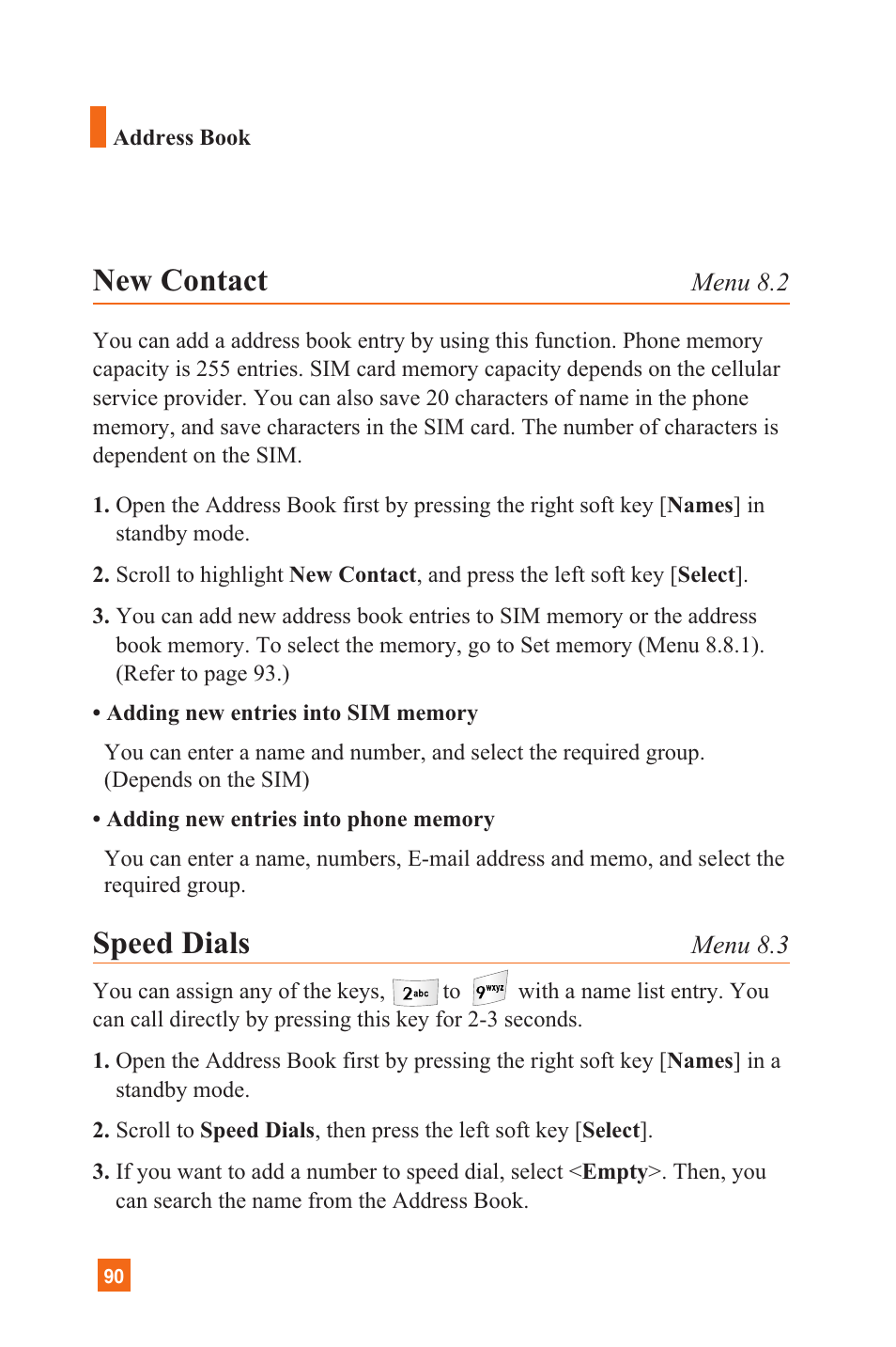 New contact, Speed dials | LG L1200 User Manual | Page 93 / 141