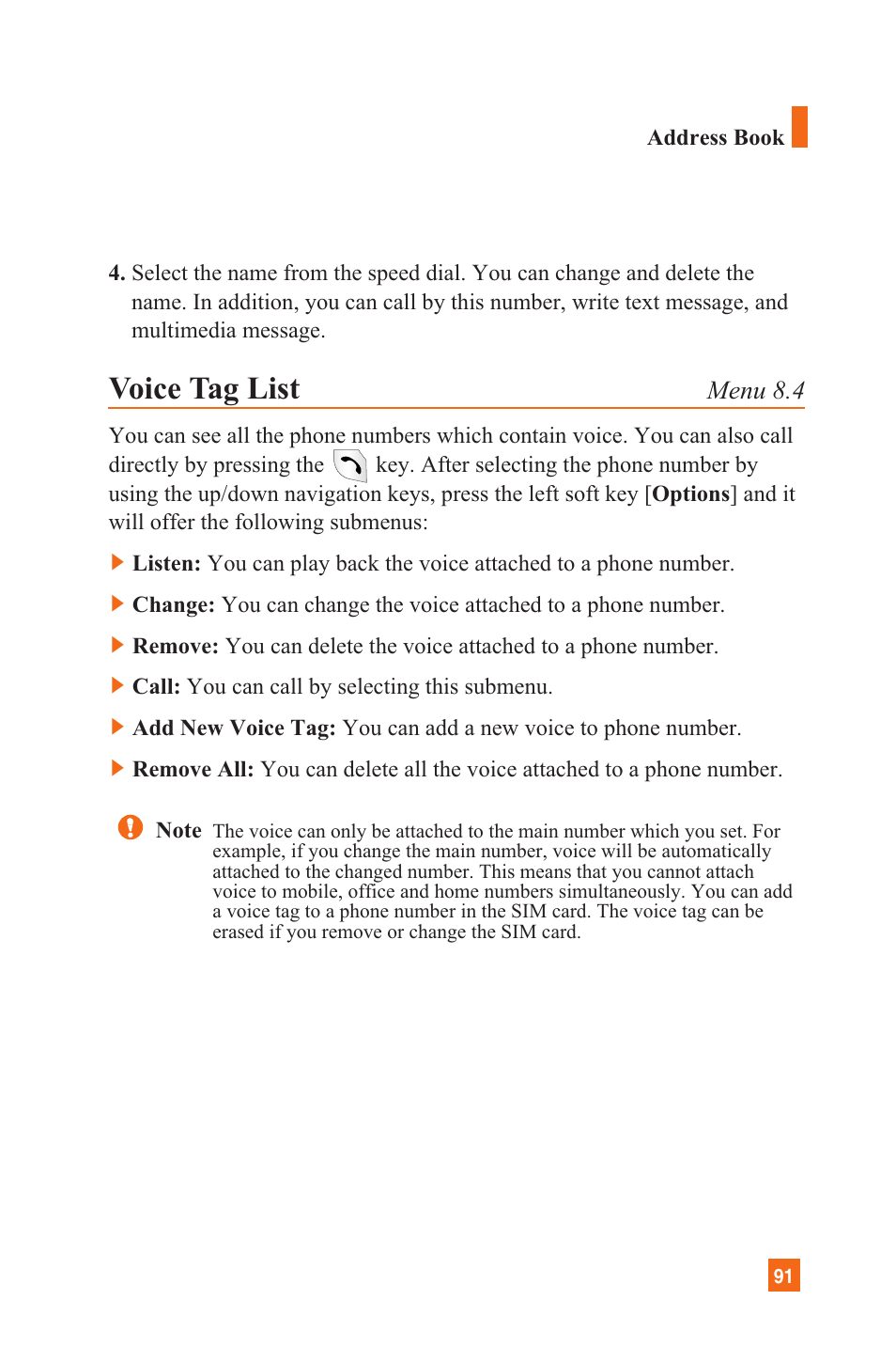 Voice tag list, Menu 8.4 | LG L1200 User Manual | Page 94 / 141