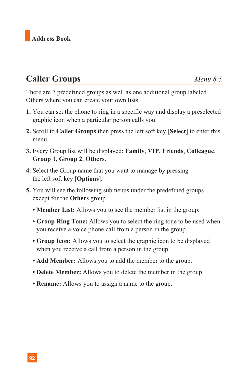 Caller groups | LG L1200 User Manual | Page 95 / 141