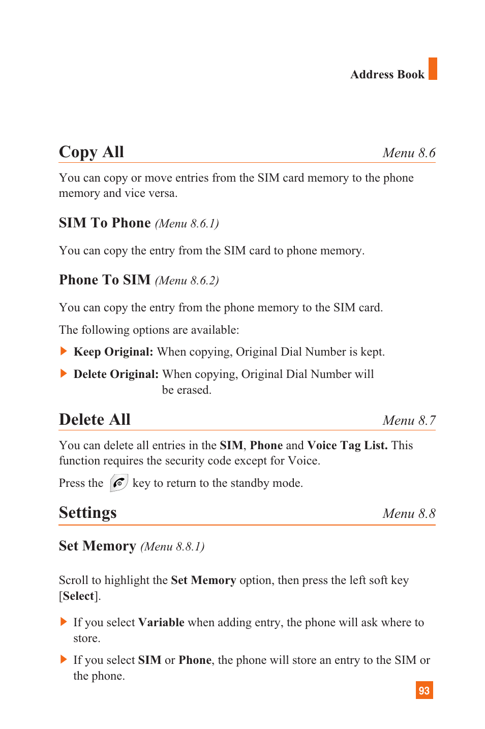 Copy all, Delete all, Settings | LG L1200 User Manual | Page 96 / 141