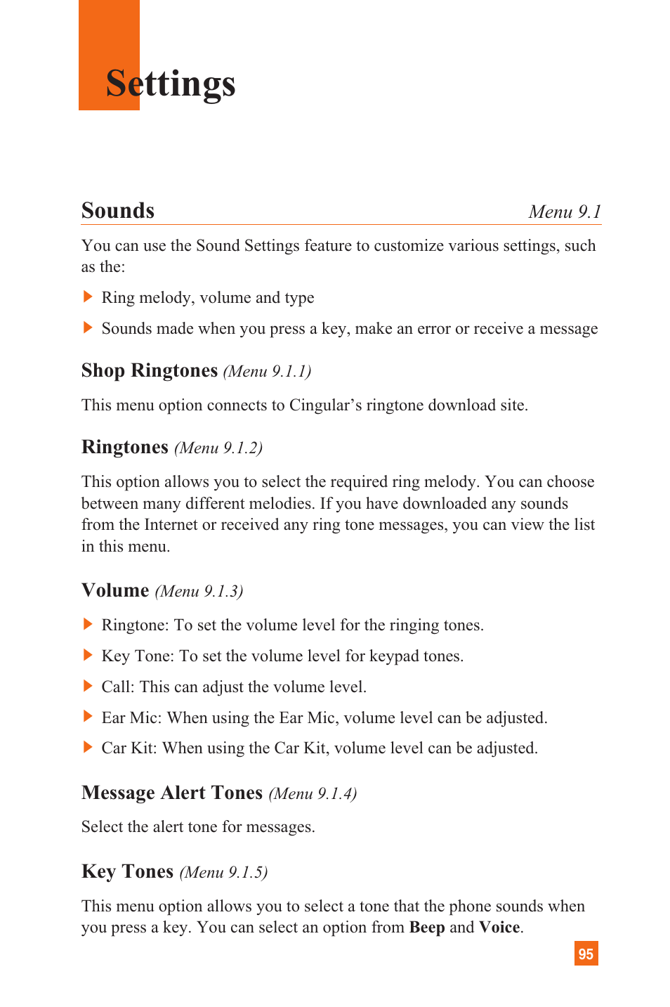 Settings, Sounds | LG L1200 User Manual | Page 98 / 141