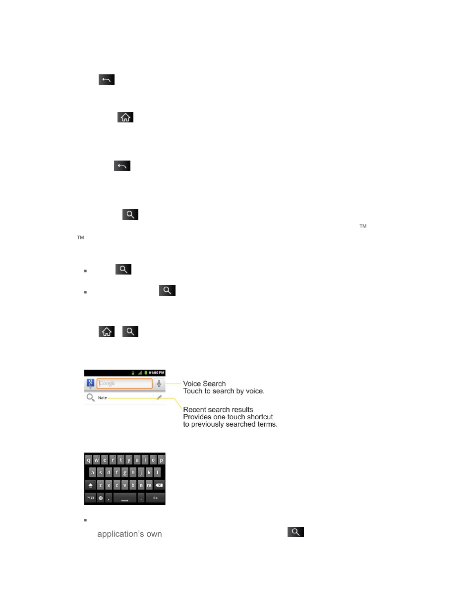 Home key, Back key, Search key | LG LS855 User Manual | Page 32 / 188