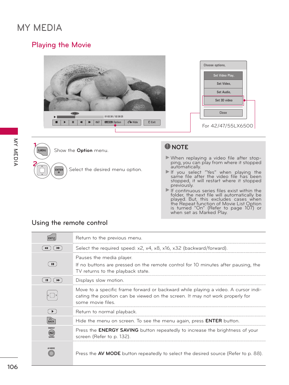 Playing the movie, My media, Using the remote control | My m ed ia | LG 47LE5400 User Manual | Page 106 / 204