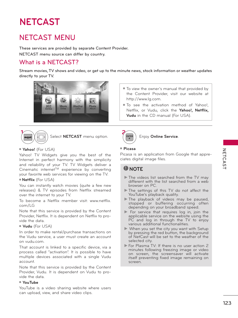 Netcast, Netcast menu, What is a netcast | LG 47LE5400 User Manual | Page 123 / 204