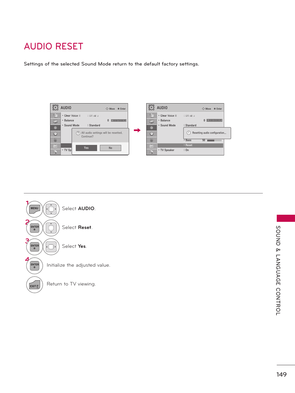 Audio reset | LG 47LE5400 User Manual | Page 149 / 204