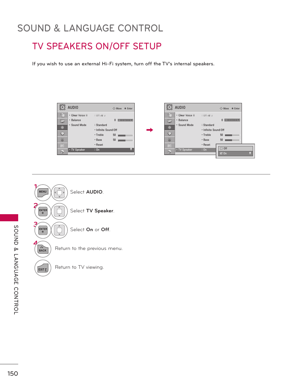 Tv speakers on/off setup, Sound & language control | LG 47LE5400 User Manual | Page 150 / 204