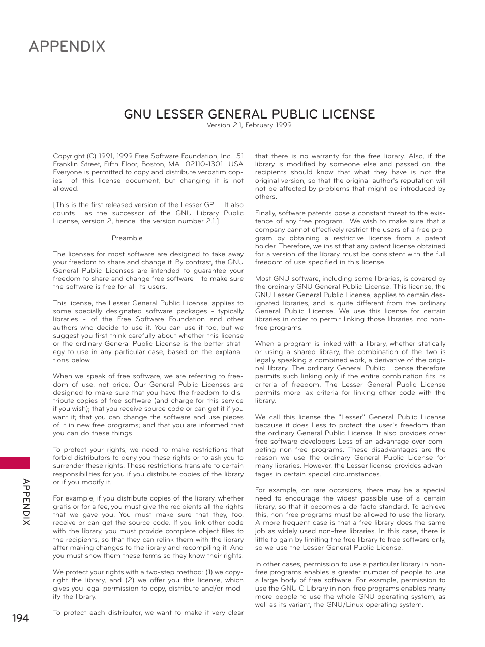 Appendix, Gnu lesser general public license, Ap p en d ix | LG 47LE5400 User Manual | Page 194 / 204