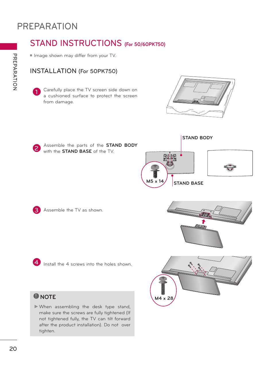 Stand instructions (for 50/60pk750), Preparation, Stand instructions | Installation | LG 47LE5400 User Manual | Page 20 / 204