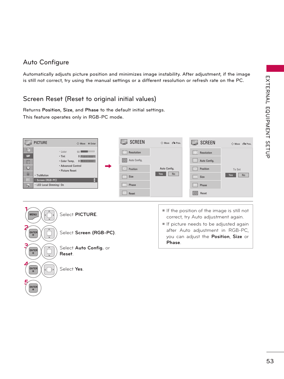 Auto configure 1, Screen reset (reset to original initial values) | LG 47LE5400 User Manual | Page 53 / 204