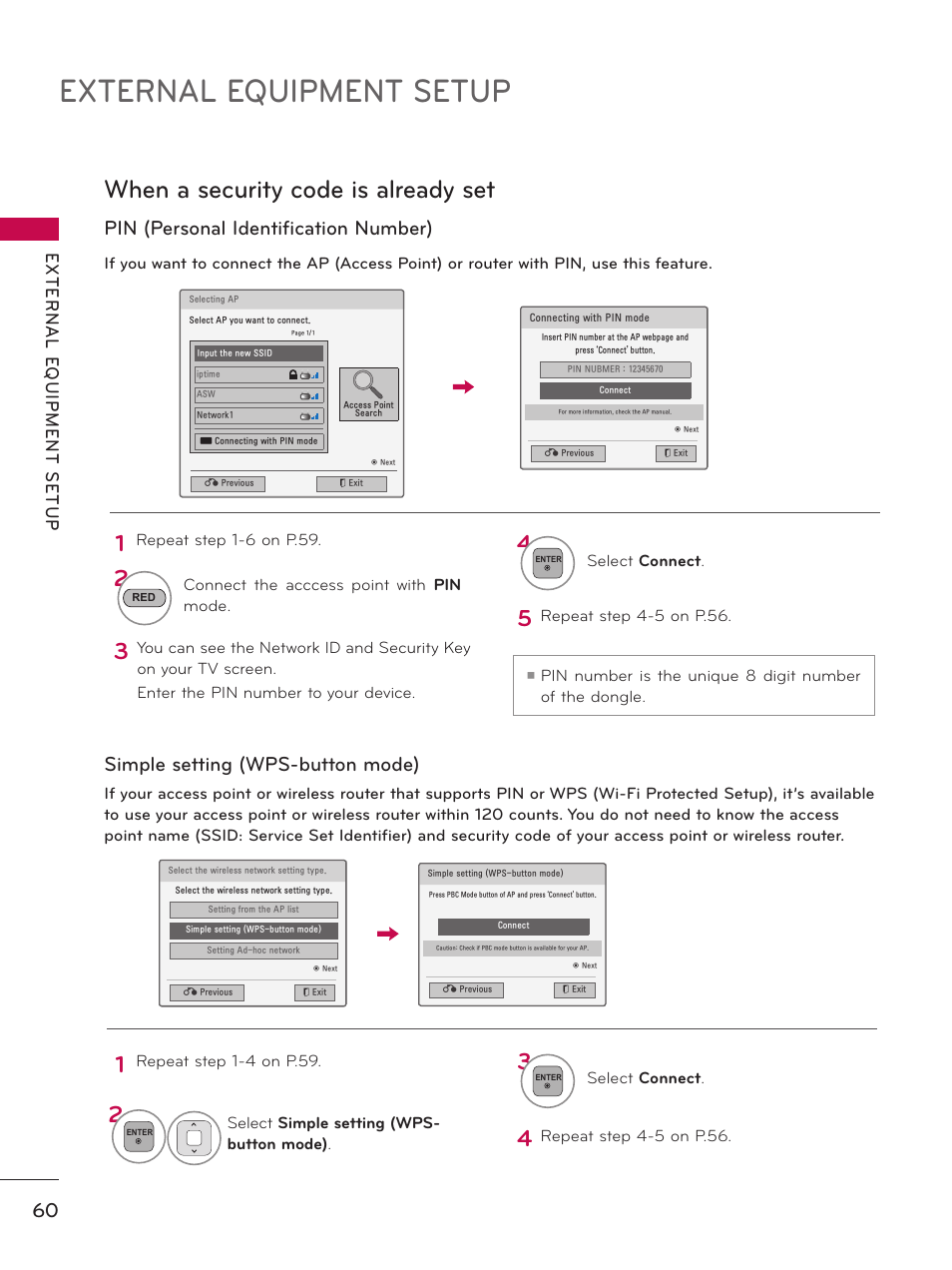 External equipment setup, When a security code is already set | LG 47LE5400 User Manual | Page 60 / 204