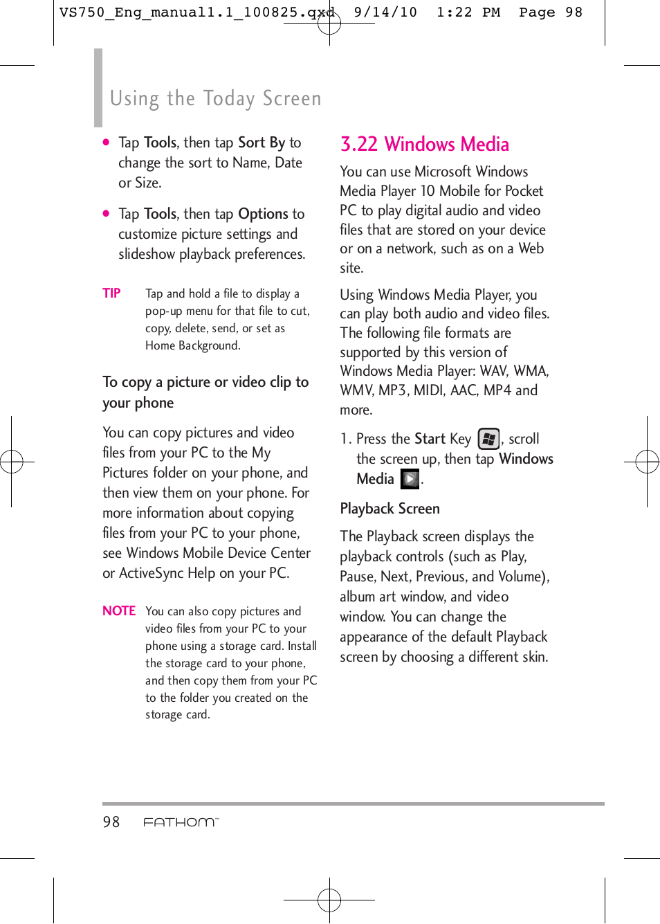 Using the today screen, 22 windows media | LG -VS750 User Manual | Page 100 / 188