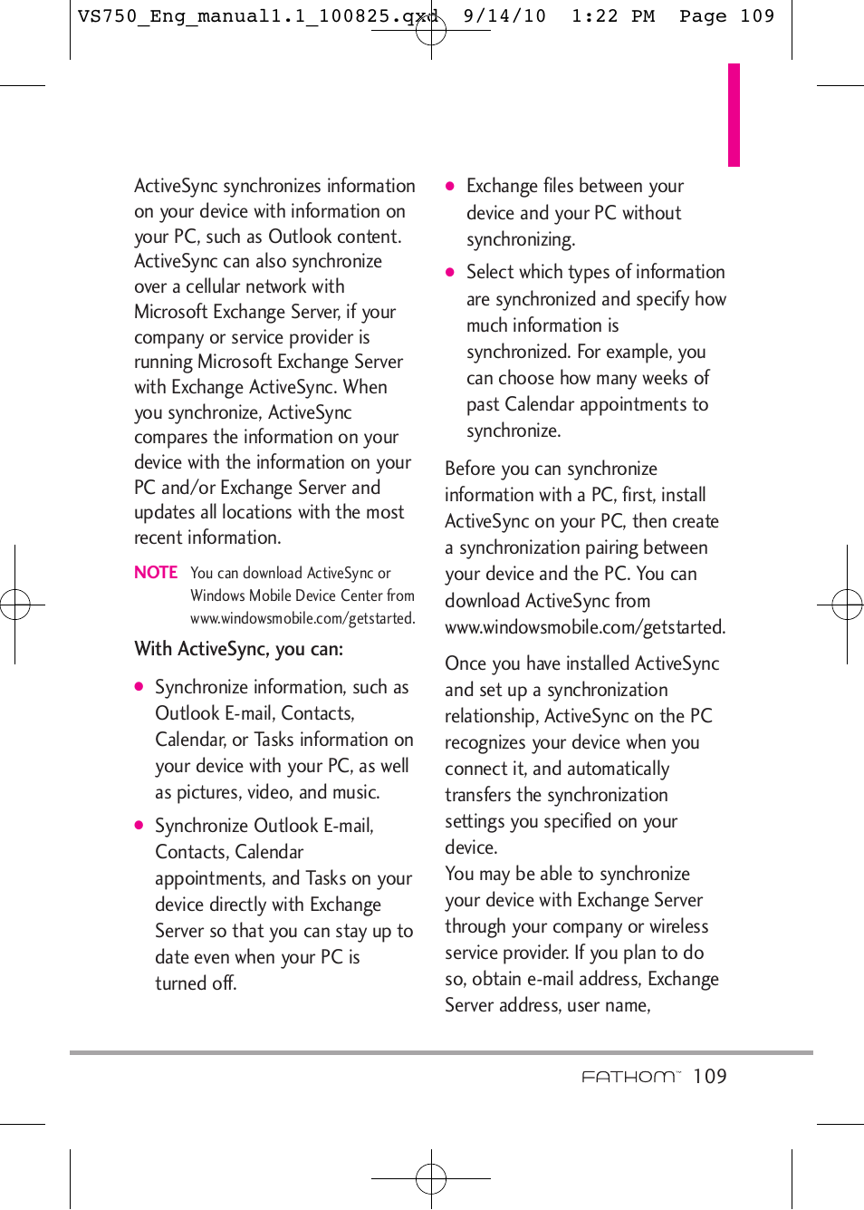 With activesync, you can | LG -VS750 User Manual | Page 111 / 188