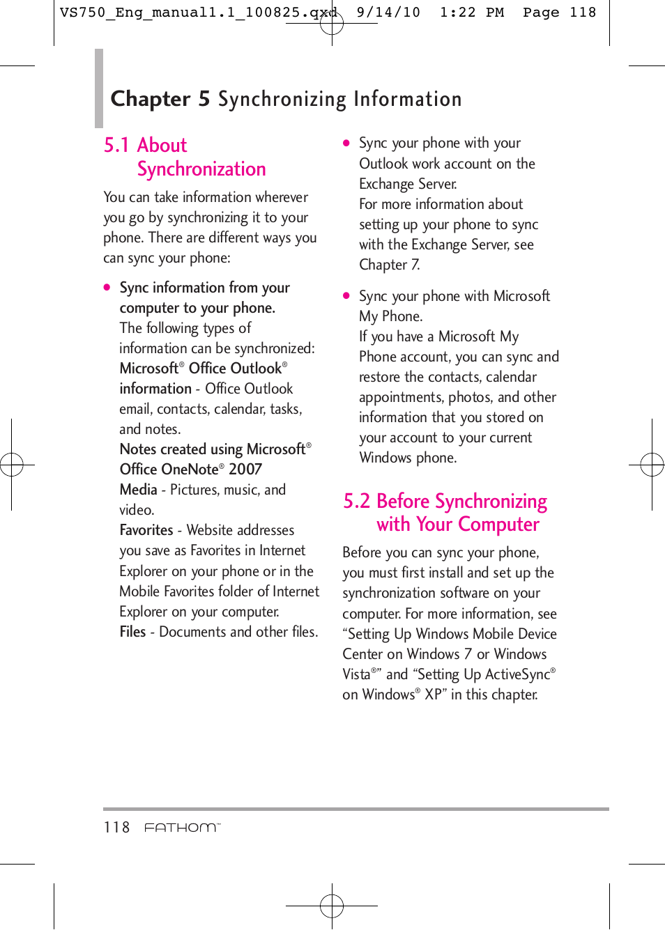 Chapter 5 synchronizing information, 1 about synchronization, 2 before synchronizing with your computer | LG -VS750 User Manual | Page 120 / 188